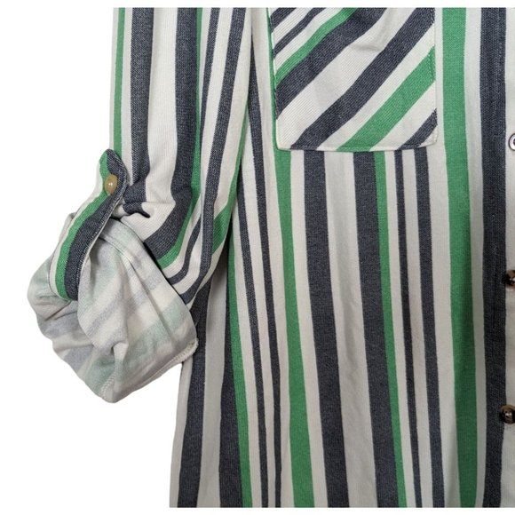 Robert Louis tab sleeve button‎ up green gray white stripe blouse size M - Picture 7 of 9